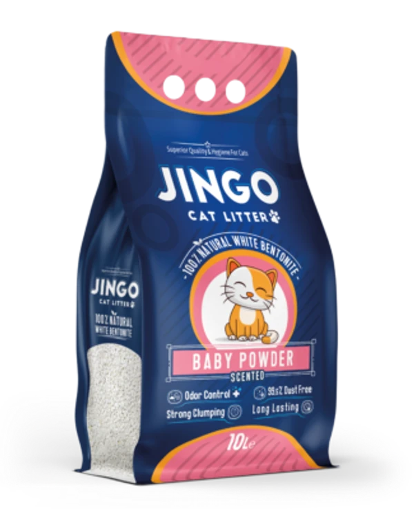 Jingo 100% Natural White Bentonite Clumping Cat Litter Baby Powder Scented