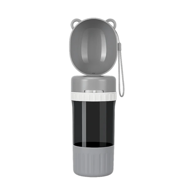 2-in-1 Portable Pet Water Bottle & Food Container – Travel Dog & Cat Dispenser with Bowl - Grey