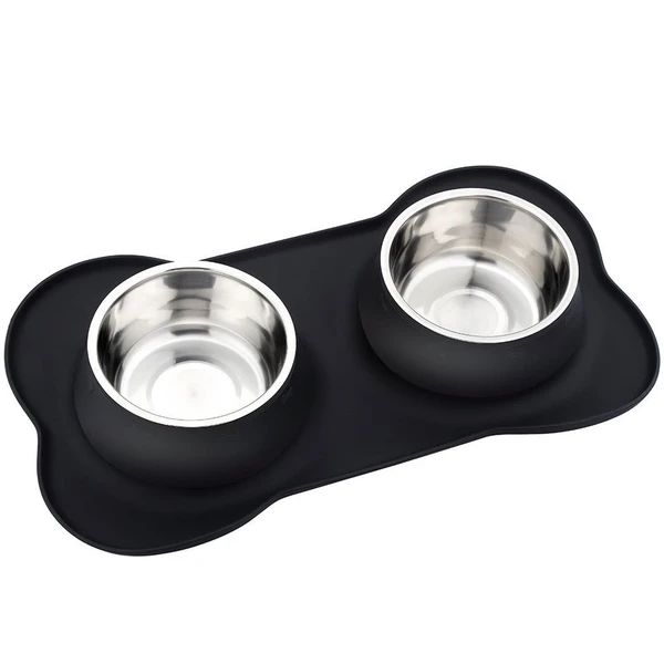 2 Stainless Steel Dog & Cat Bowls with Non-Slip Silicone Mat – Food & Water Feeder for Pets