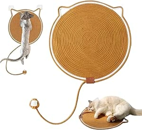 Cat Face Scratching Mat with Hanging Toy Ball – 2-in-1 Wall & Floor Scratch Pad | Cotton Rope Cat Scratcher & Bed for Healthy Claws