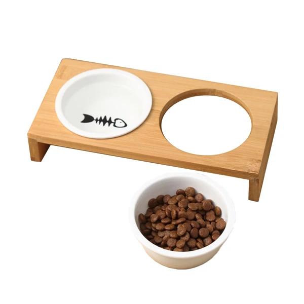 Elevated Ceramic Pet Bowl with Wooden Stand – Stylish Food & Water Bowl for Cats and Small Dogs