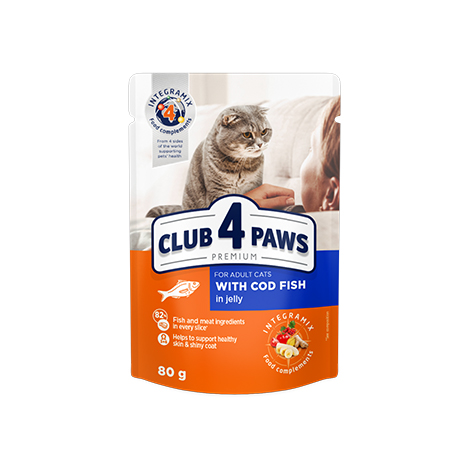 CLUB 4 PAWS Premium Adult Cat Wet Food With Cod Fish in jelly Pouch 80 g