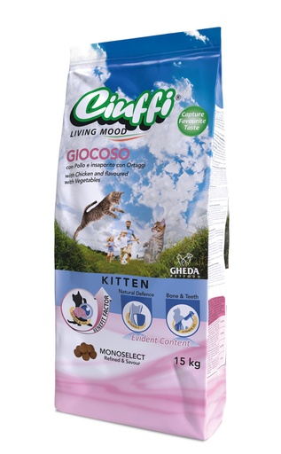 [7828] Ciuffi Living Mood Giocoso Kitten with Chicken and flavoured with Vegetables Dry Cat Food 15 Kg